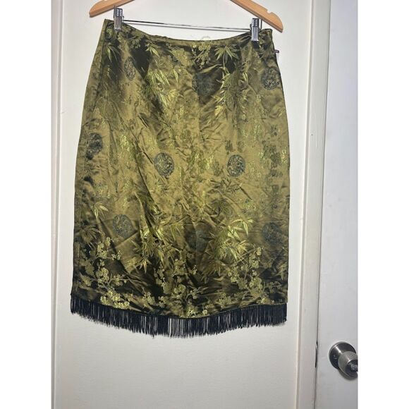 CLIO deadstock VTG Satin Skirt Size 14 Olive Green Asian Inspired Beaded Fringe - Picture 2 of 6